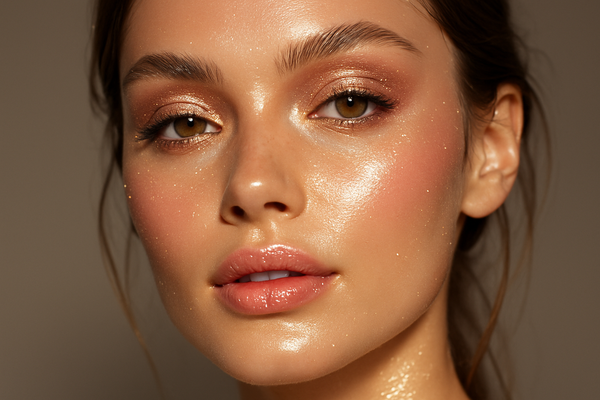 closeup mujer maquillaje luminoso con brillos